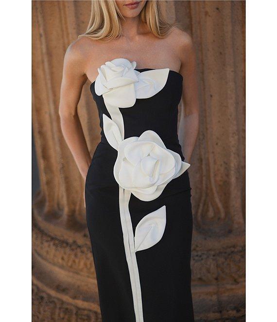 Mac Duggal Strapless 3D Satin Flowers Crepe Sheath Ankle Dress Product Image