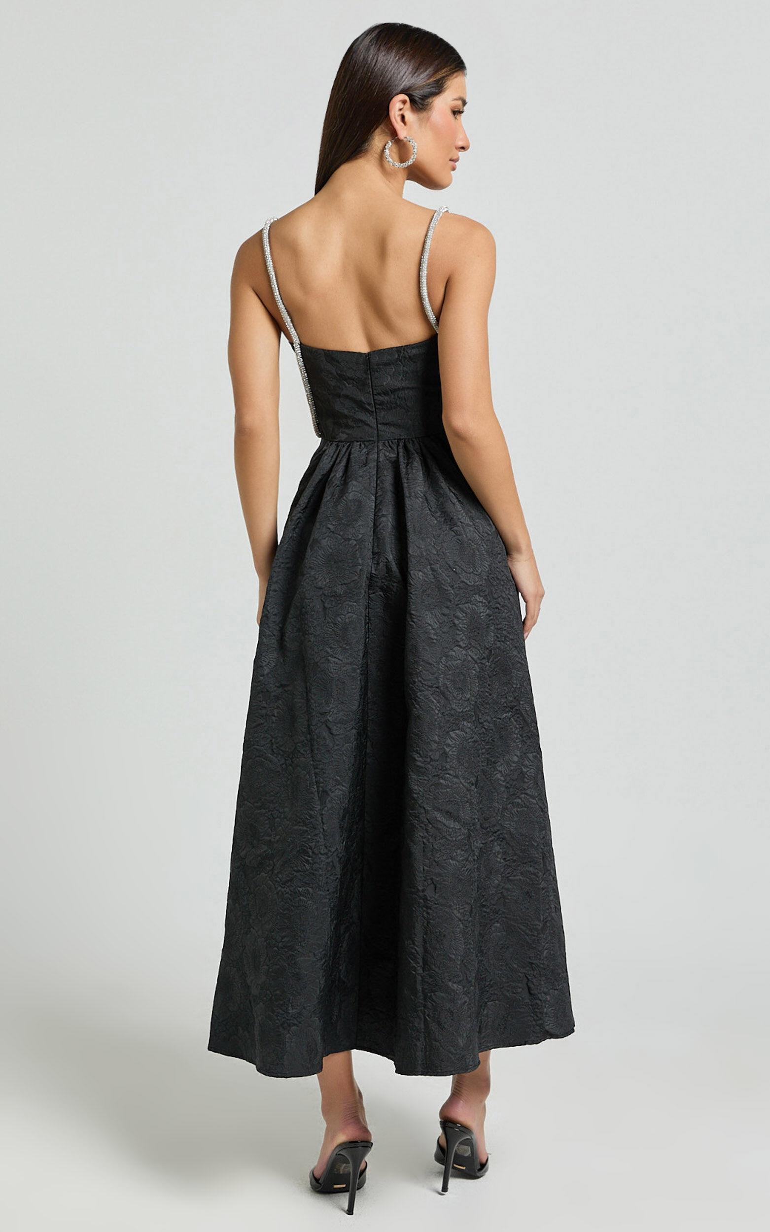 Alvia Midi Dress - Diamante Strap Ruched Straight Neck Dress in Black Product Image