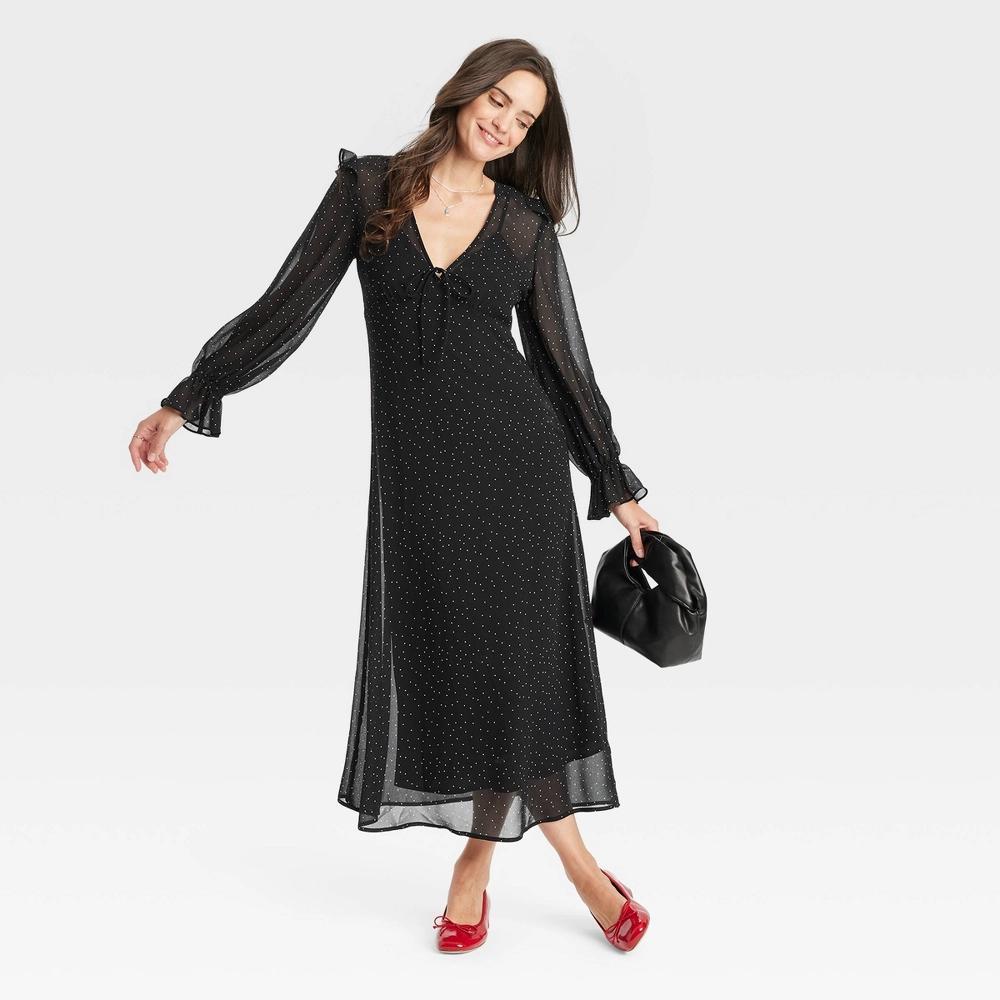 Women's Long Sleeve Sheer Maxi Dress - A New Day™ Black/White Polka Dots XS Product Image