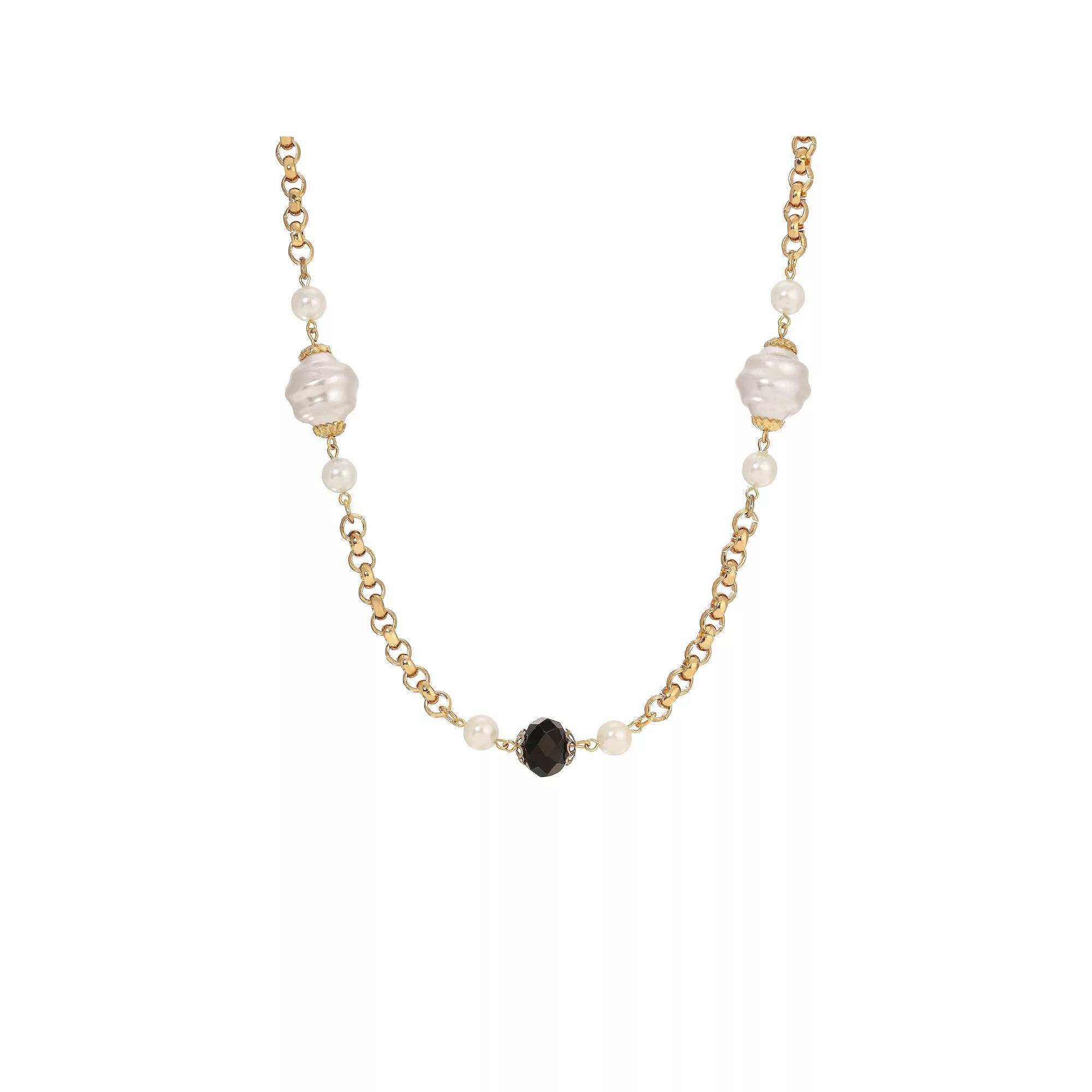 1928 Gold Tone Faux Pearl Black Bead Necklace, Womens Product Image
