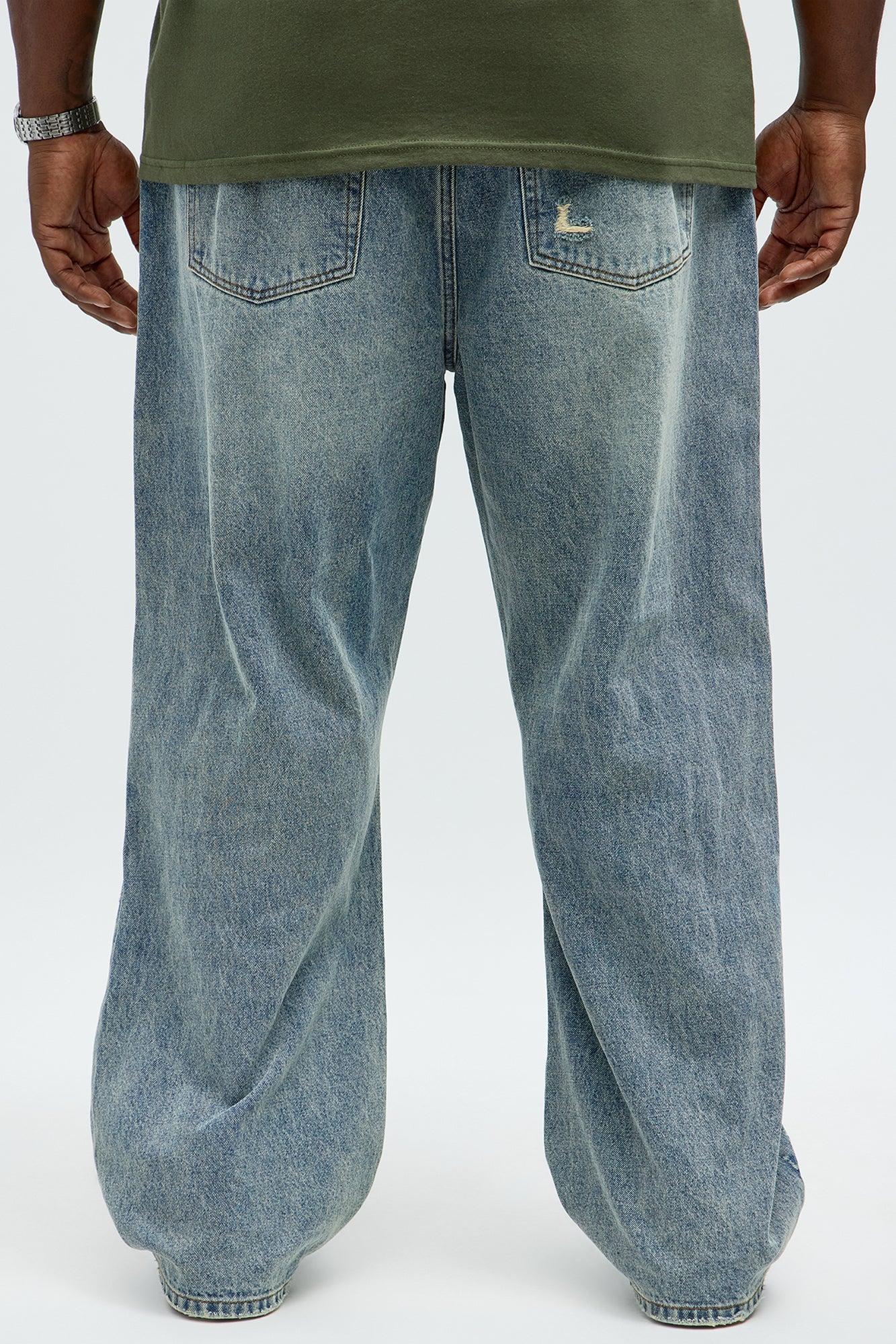 Baggy Scattered Distressed Jeans - Medium Blue Wash Product Image