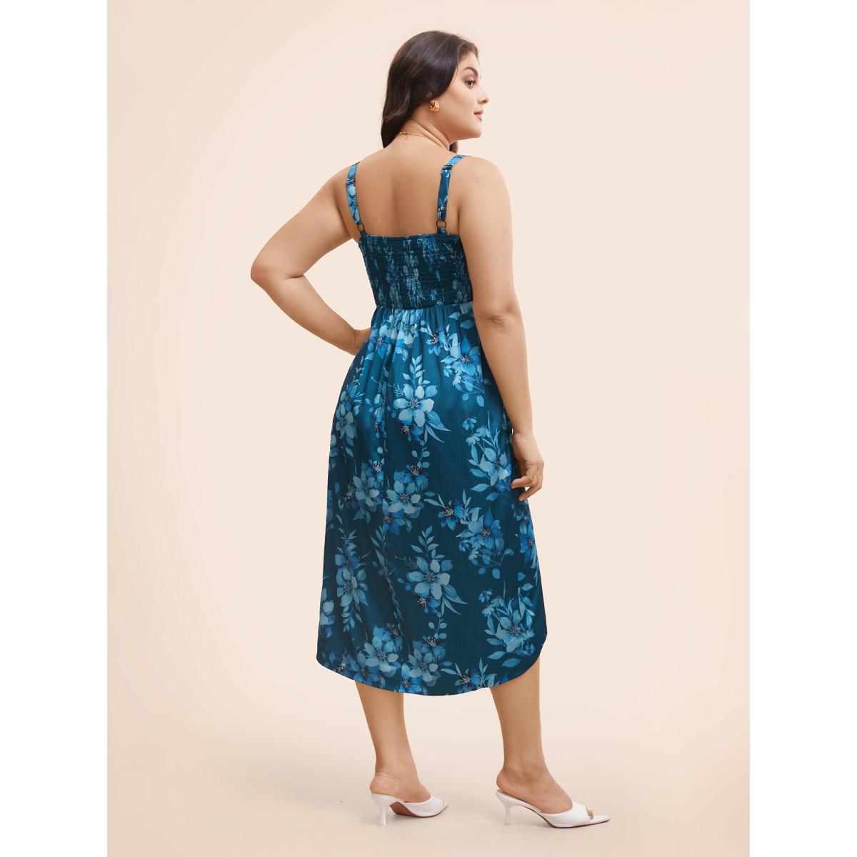 Plus Size Floral Shirred Split Front Cami Dress Aegean Women Elegant Pleated V-neck Sleeveless Curvy BloomChic 30/6X Product Image