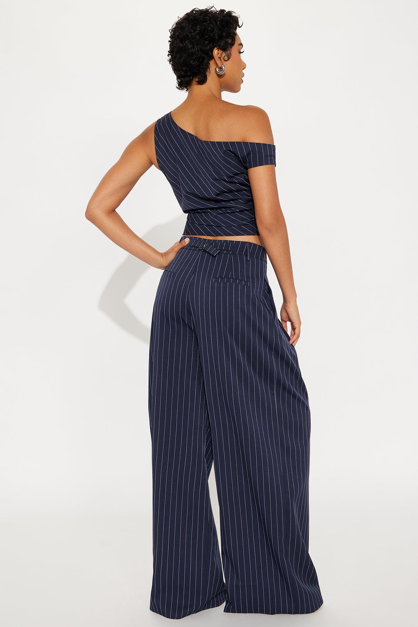 All Business Pinstripe One Shoulder Pant Set - Navy Product Image