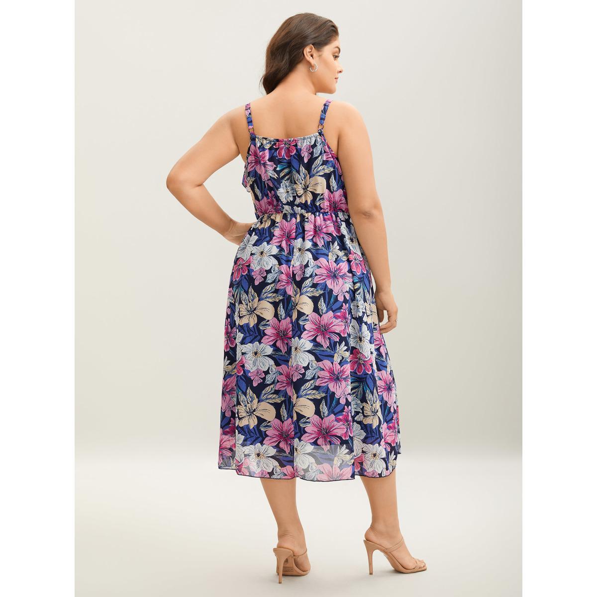 Plus Size Large Flower Print Overlap Hem Midi Dress Navy Women Non Sleeveless Curvy BloomChic 12/L Product Image