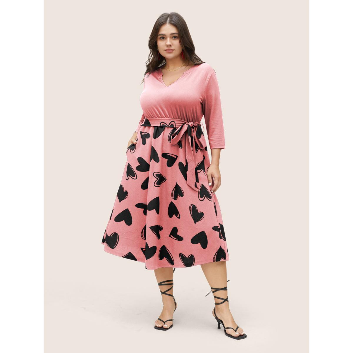 Plus Size Heart Print Notched Belted Patchwork Dress Pink Women Elegant Non Notched collar Elbow-length sleeve Curvy Midi Dress BloomChic 18-20/2X Product Image