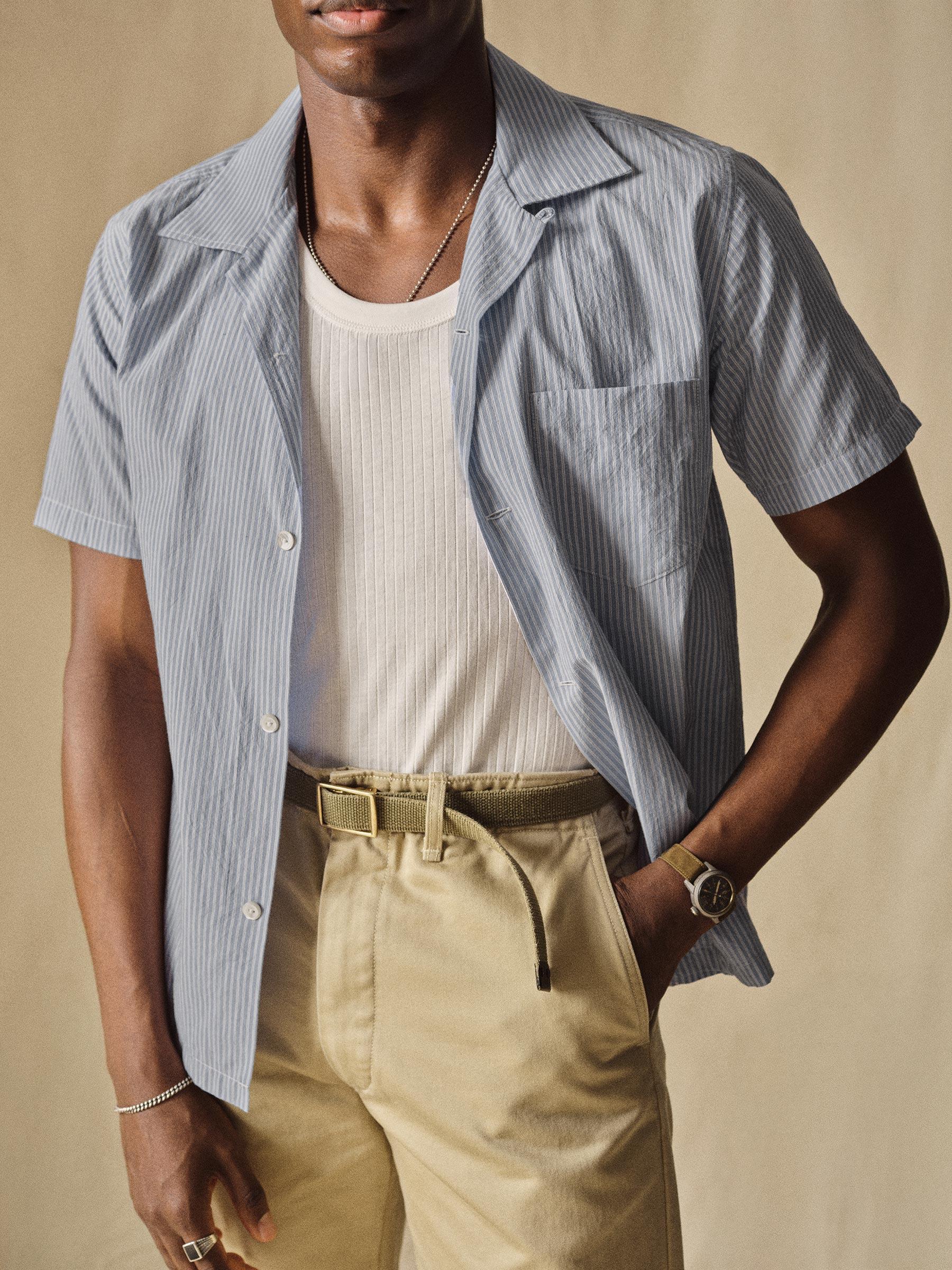 French Blue/White Double Stripe Wornwell One Pocket Shirt Product Image