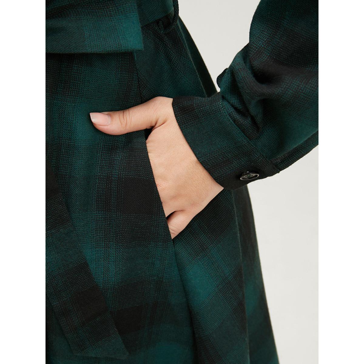 Plus Size Plaid Pocket Button Detail Belted Asymmetrical Hem Dress Emerald Women Elegant Button V-neck Long Sleeve Curvy Midi Dress BloomChic 28/5X Product Image