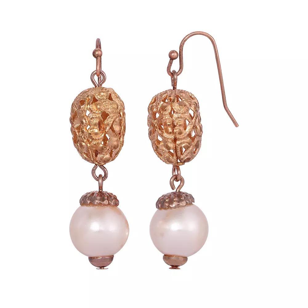 1928 Rose Gold Tone Filigree Faux Pearl Drop Earrings, Womens, White Product Image