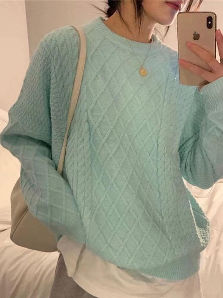 Round Neck Plain Cable-Knit Sweater Product Image