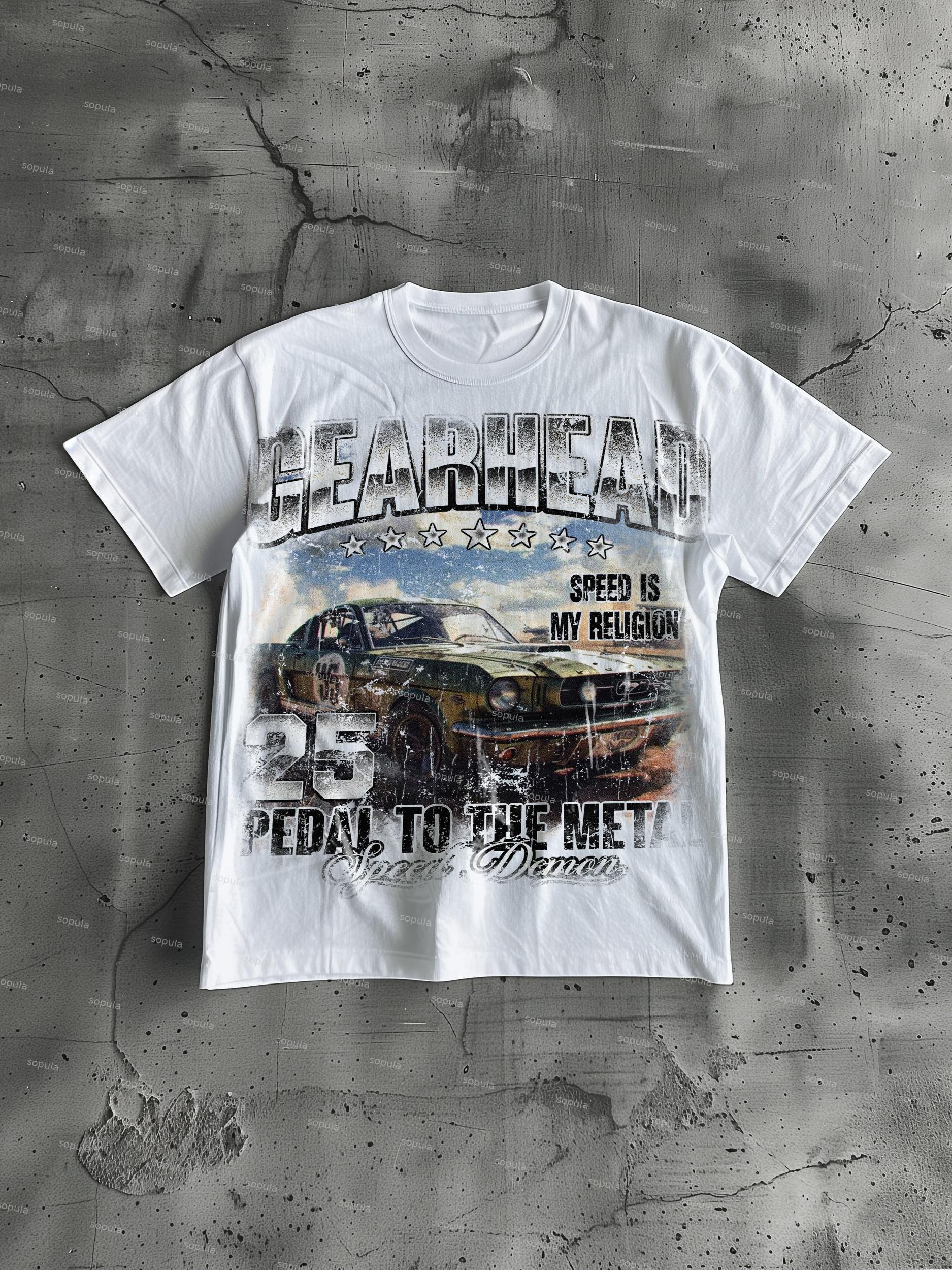 Gearhead Aged Vintage American Muscle Car Graphic Cotton T-shirt Product Image