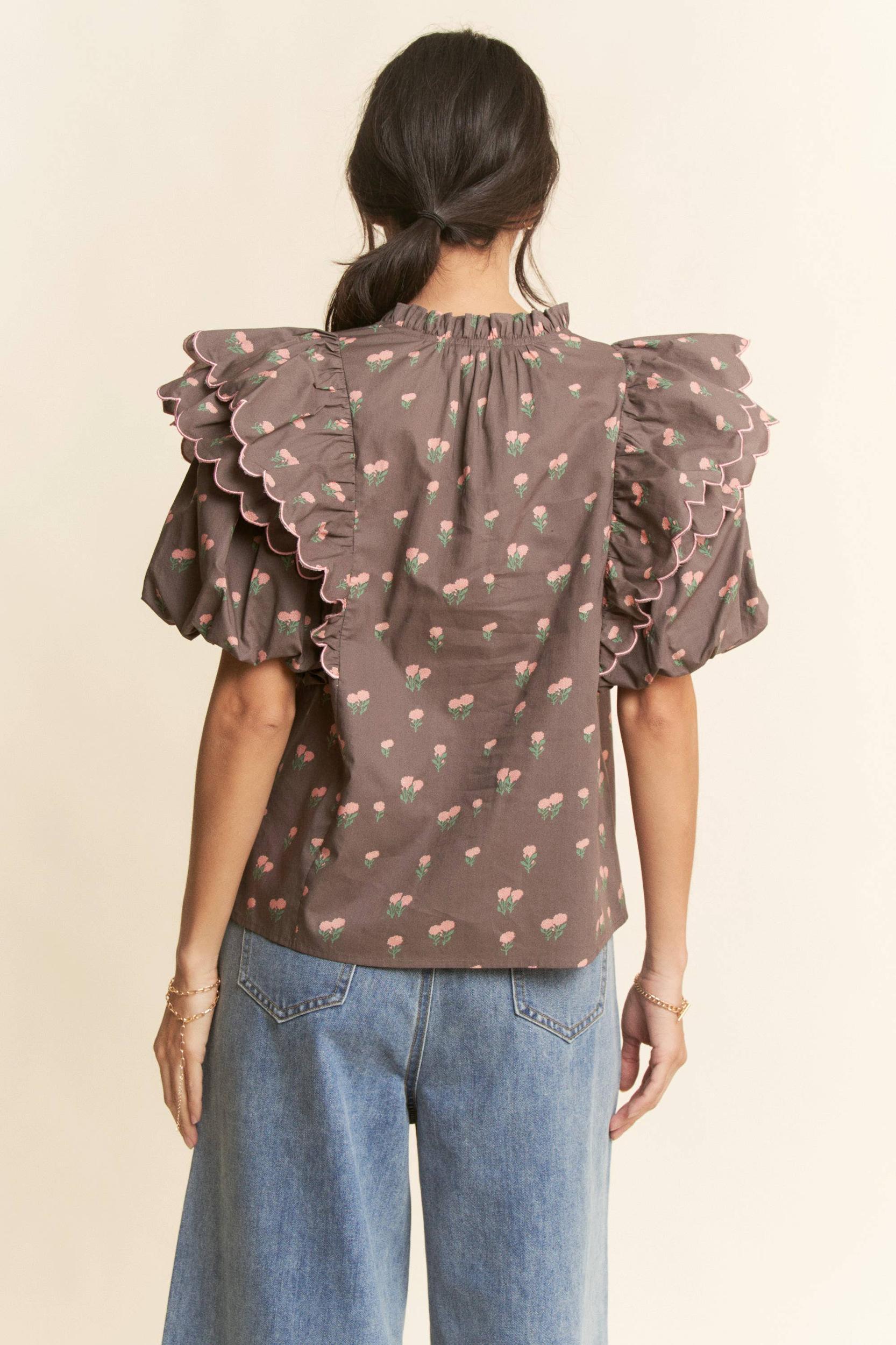 CONTRAST EDGE RUFFLE PUFF SLEEVE BLOUSE TOP: MOCHA BROWN Product Image