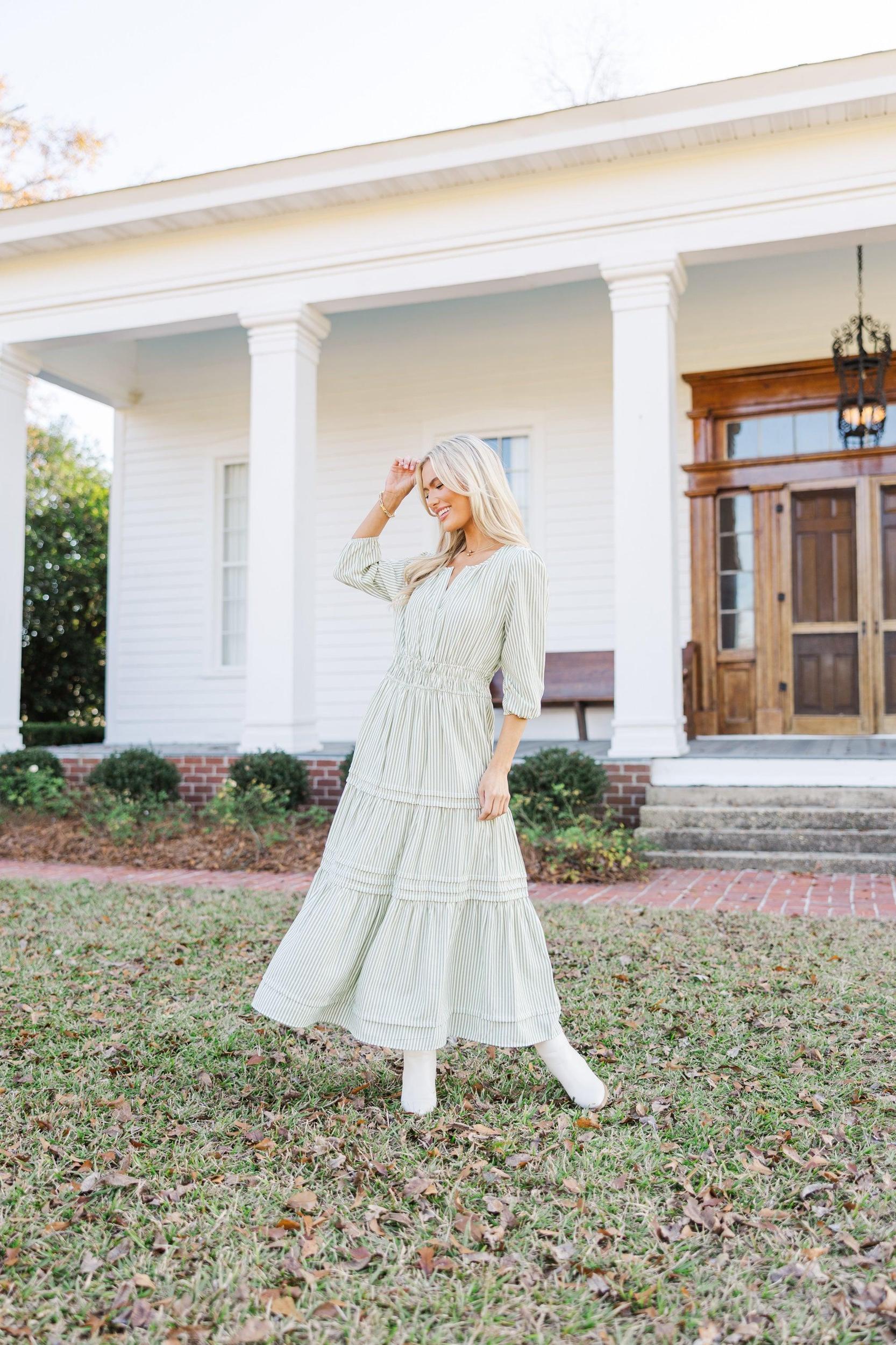 It's In The Air Olive Green Striped 3/4 Sleeve Midi Dress Female Product Image