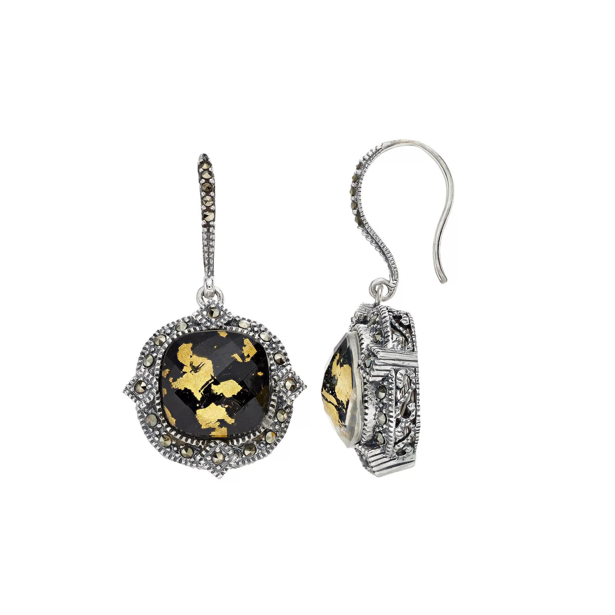 Lavish by TJM Sterling Silver Crystal Gold Leaf Black Onyx Doublet & Marcasite Drop Earrings, Women's Product Image