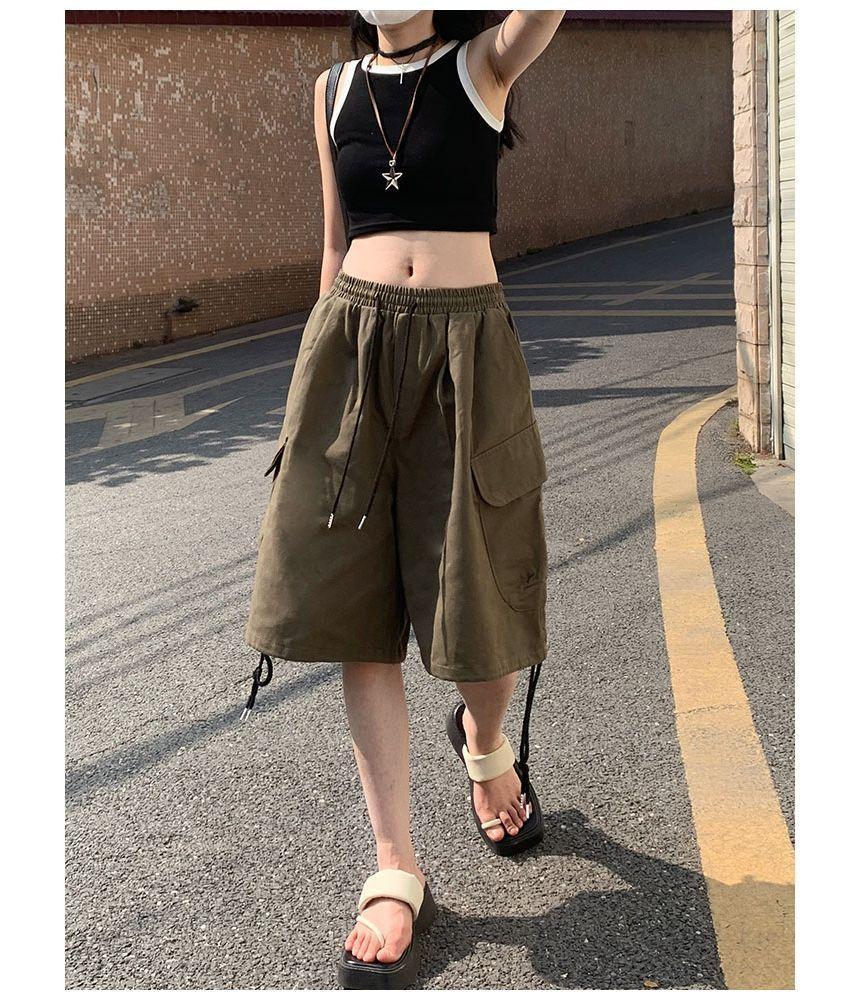 Drawstring Waist Plain Cargo Shorts Product Image