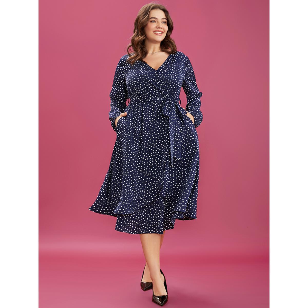 Plus Size Heart Print Surplice Neck Pocket Asymmetrical Belted Flutter Dress Navy Women Elegant Pocket V-neck Long Sleeve Curvy Midi Dress BloomChic 26/4X Product Image