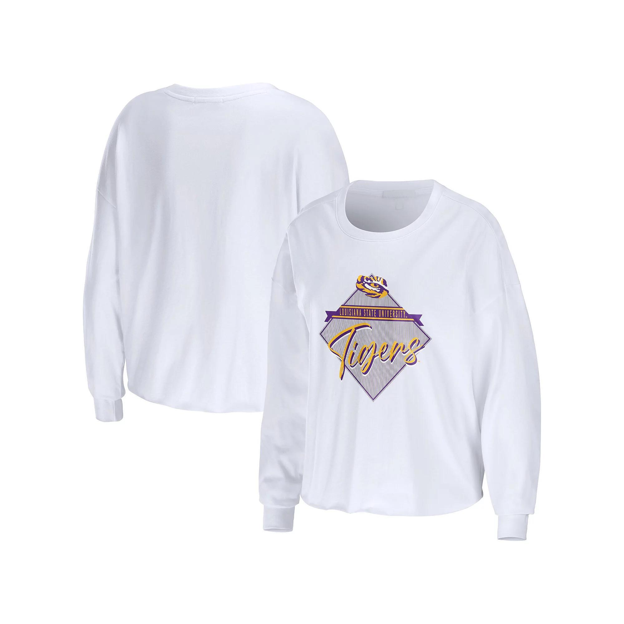 Women's WEAR by Erin Andrews White LSU Tigers Diamond Long Sleeve Cropped T-Shirt, Size: Medium Product Image