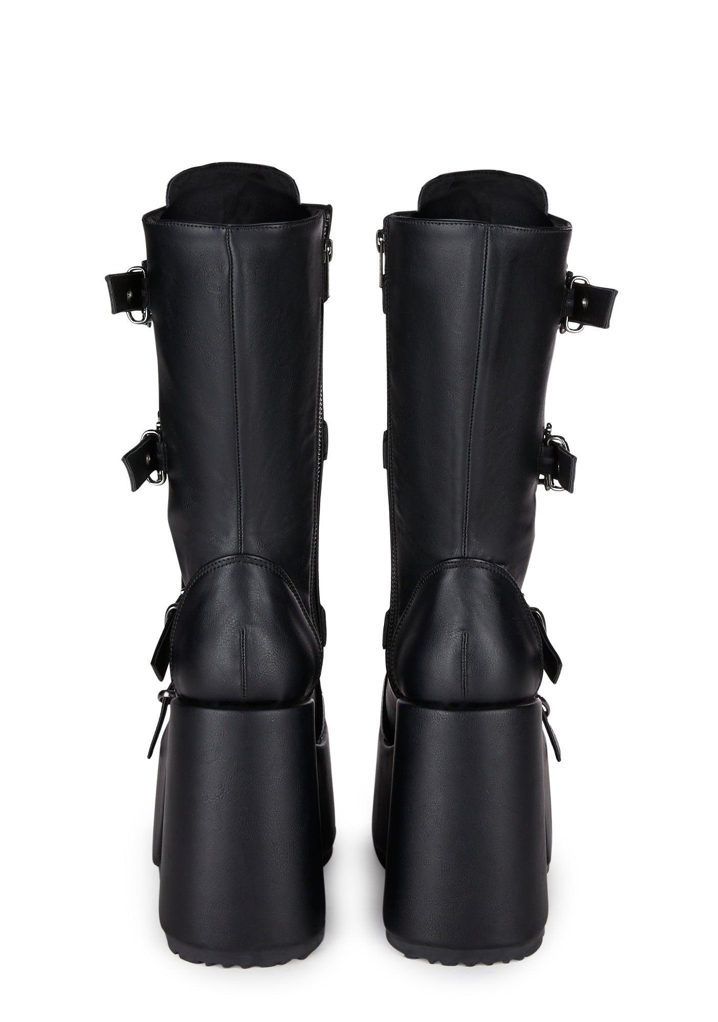 Demonia Skull Buckle Platform Boots - Black Vegan Leather Product Image