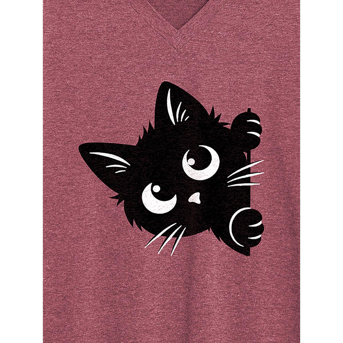 Plus Size Hey Cat V-Neck Solid T-Shirt Plum Women Non Animals V-neck Everyday-Casual T-shirts BloomChic 28/5X Product Image