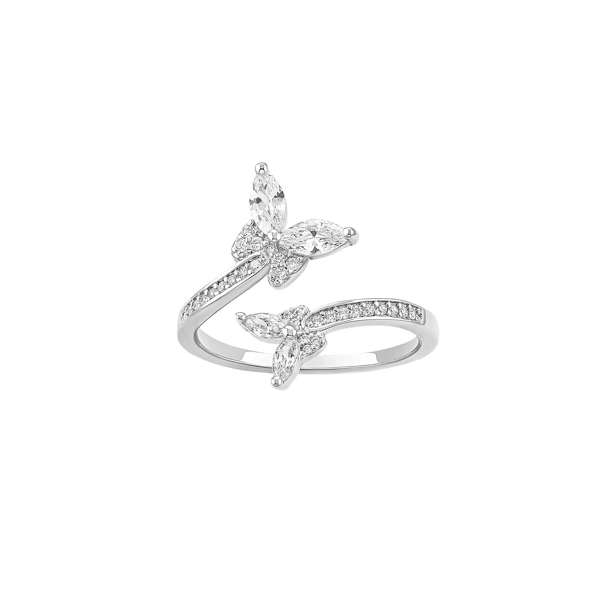 PRIMROSE Fine Silver Plated Cubic Zirconia Double Butterfly Bypass Ring, Women's, Size: 9, Silvertone White Product Image