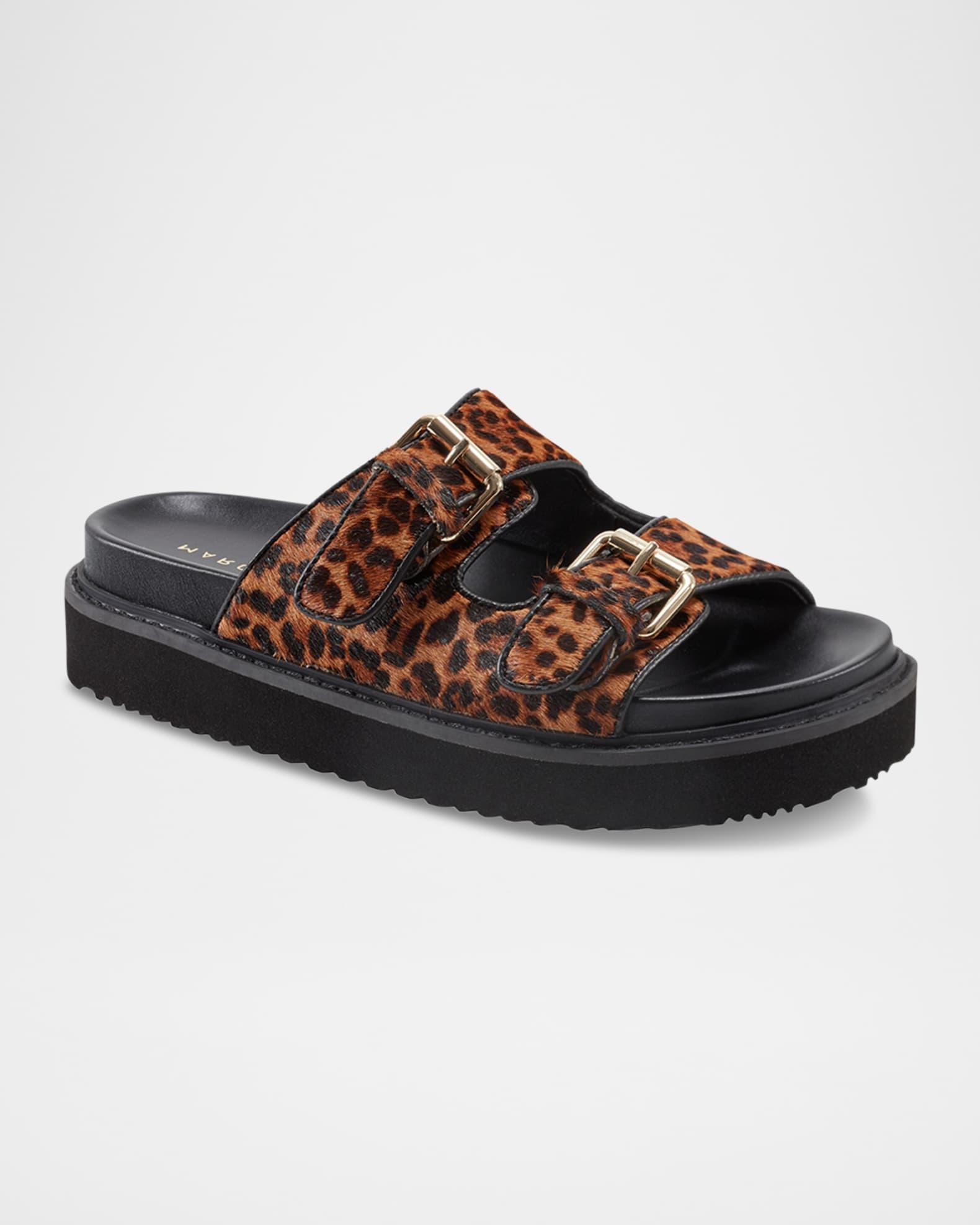 Agustaly Leopard Calf Hair Dual-Buckle Slide Sandals Product Image