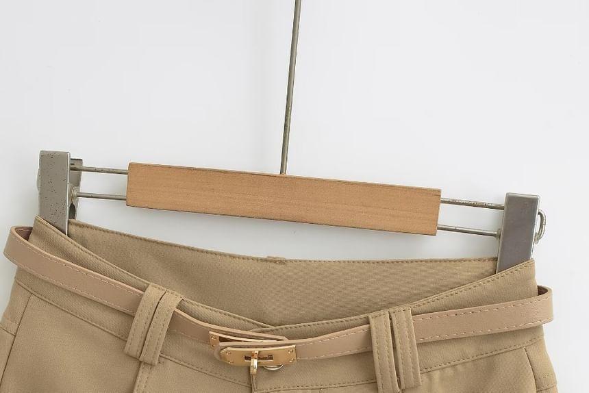 Set: High Waist Plain Shorts + Faux Leather Belt Product Image