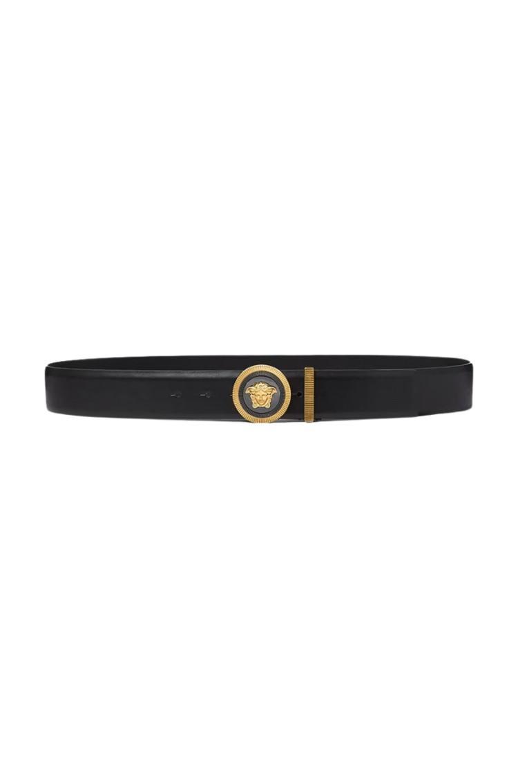 VERSACE Medusa Streamlined Leather Belt With Adjustable Length And Gold-tone Buckle In Black Product Image