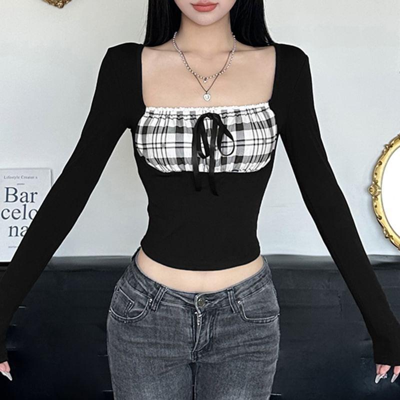 Long Sleeve Square Neck Plaid Panel Crop Top Product Image