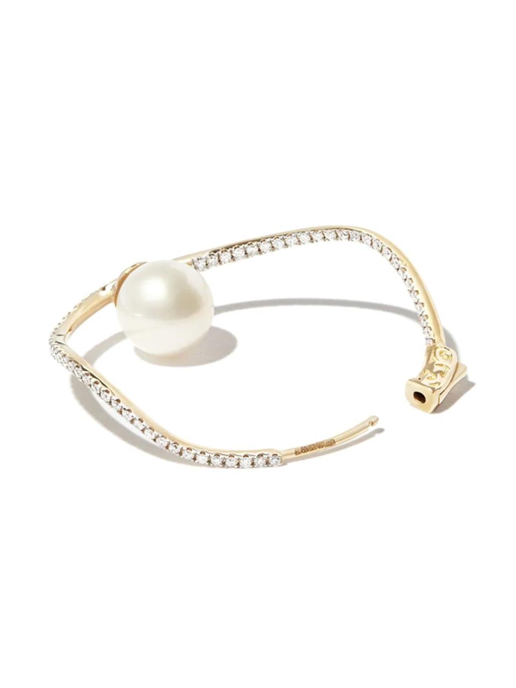 MATEO 14kt Yellow Gold Wave Diamond And Pearl Hoop Earrings Product Image