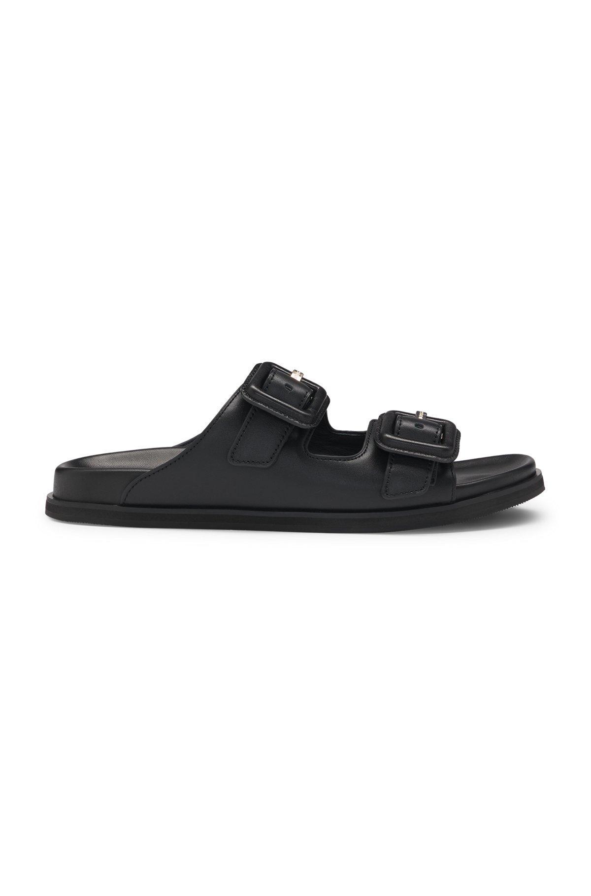 BOSS - Leather slides with twin buckled straps - Black Product Image