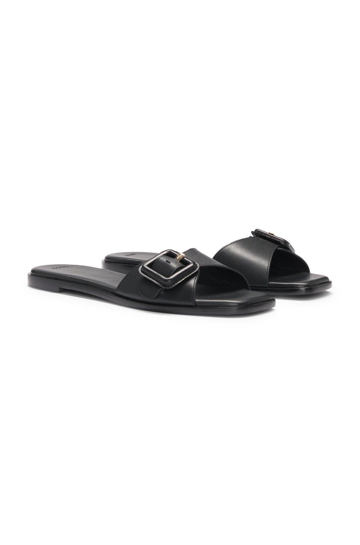 BOSS - Leather slides with logo-detail buckle - Black Product Image