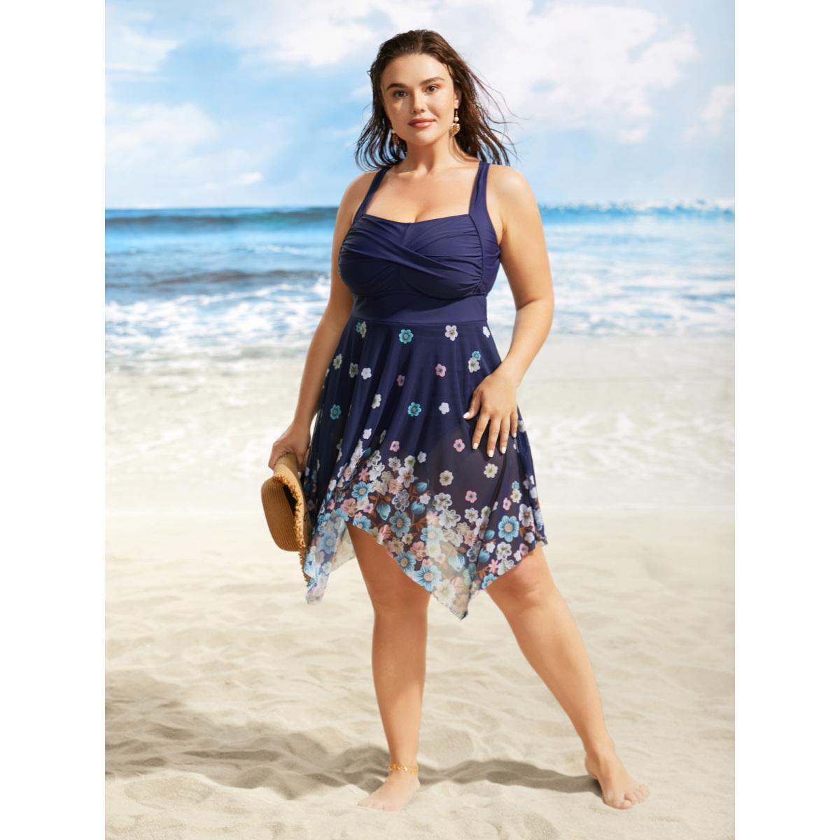 Plus Size Flowers Patchwork Mesh Hanky Hem Swim Dress Women's Swimwear Indigo Beach Bodycon Heart neckline High stretch Curve Swim Dresses BloomChic 26/4X Product Image
