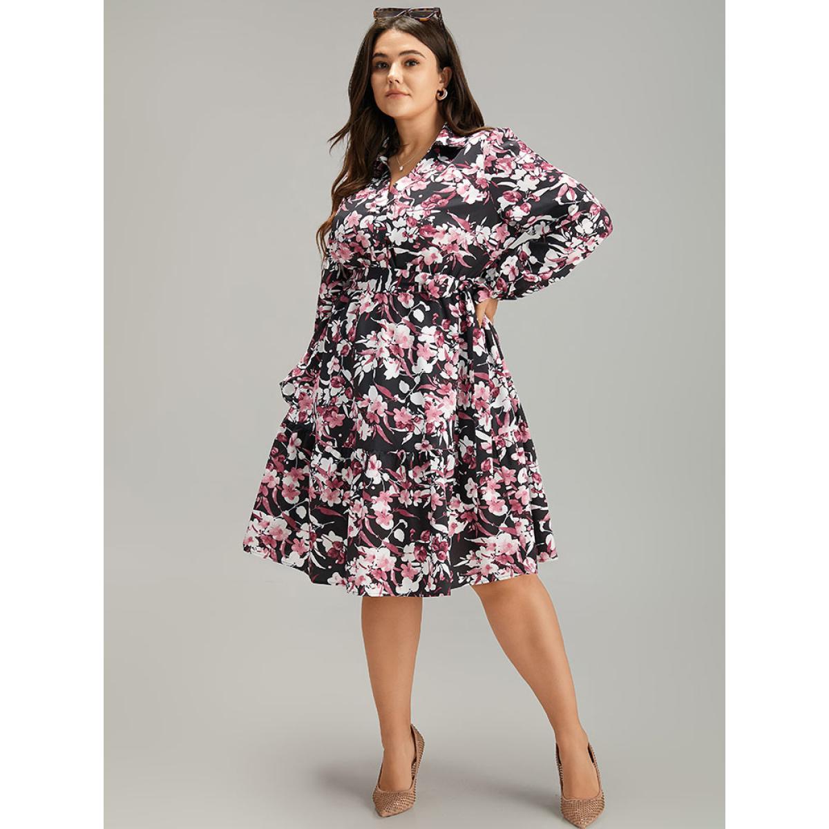 Plus Size Floral Print Belted Shirt Collar Dress Black Women Elegant Elastic cuffs V-neck Long Sleeve Curvy Knee Dress BloomChic 12/L Product Image