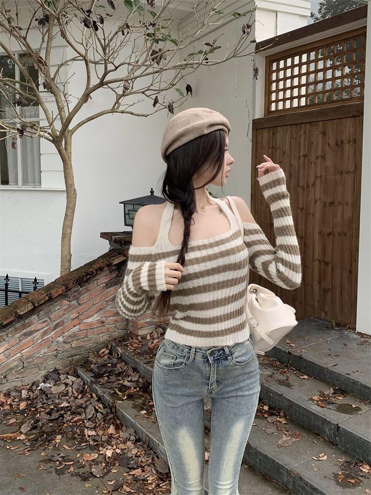 Cold Shoulder Striped Crop Sweater Product Image