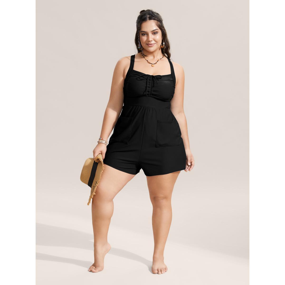 Plus Size Plain Patched Pocket Drawstring One Piece Swimsuit Women's Swimwear Black Beach Gathered Curve Bathing Suits High stretch One Pieces BloomChic 12/L Product Image