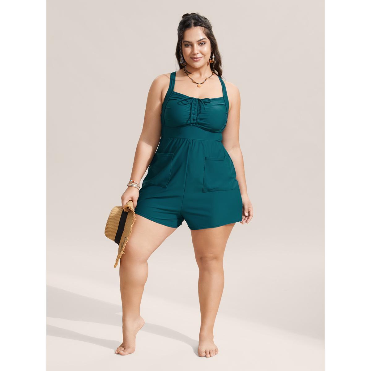 Plus Size Plain Patched Pocket Drawstring One Piece Swimsuit Women's Swimwear Cyan Beach Gathered Curve Bathing Suits High stretch One Pieces BloomChic 28/5X Product Image