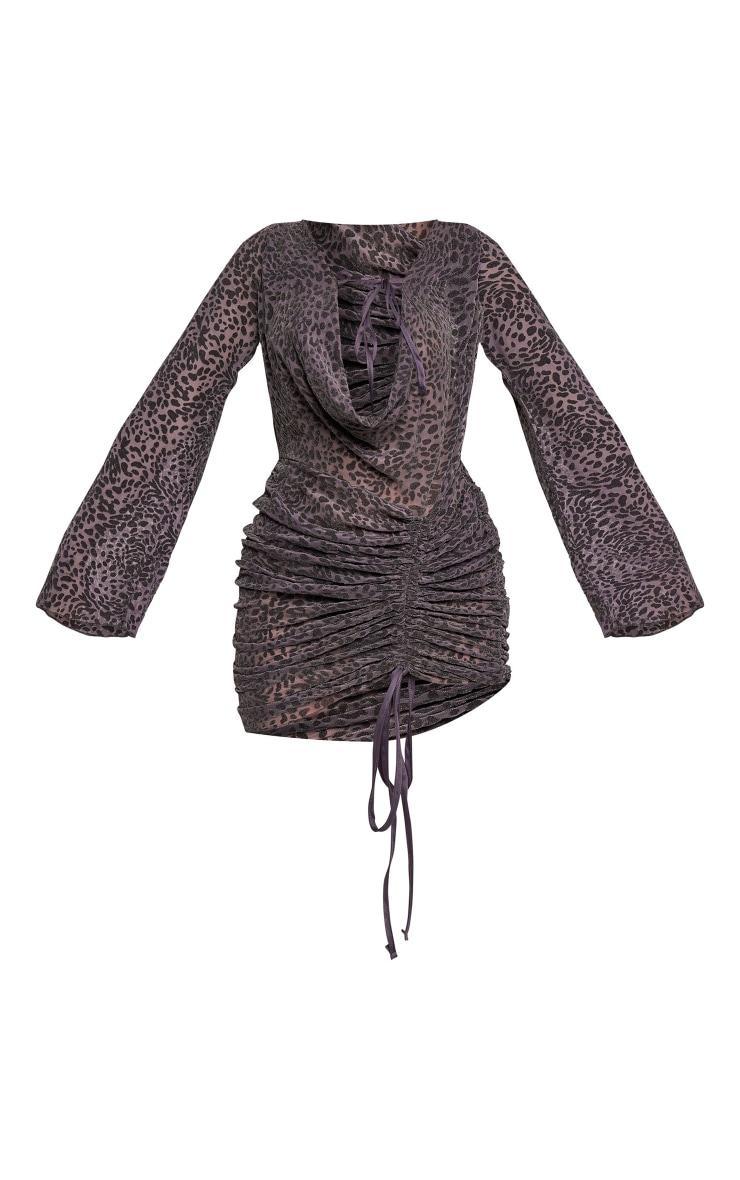 Charcoal Flocked Cowl Tie Detail Ruched Bodycon Dress Product Image