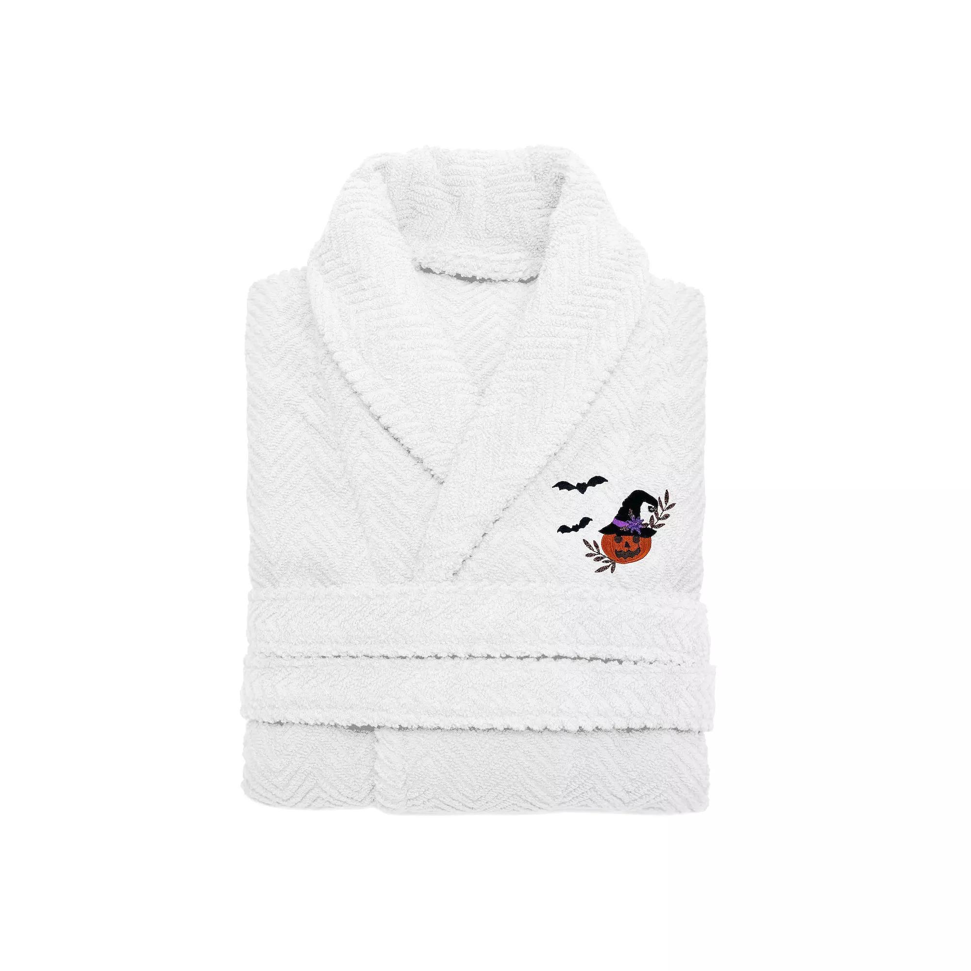 Linum Home Textiles Adult 100% Turkish Cotton Herringbone Weave Embroidered Bathrobe - Pumpkin Head, Women's, Size: Small/Medium, White Product Image