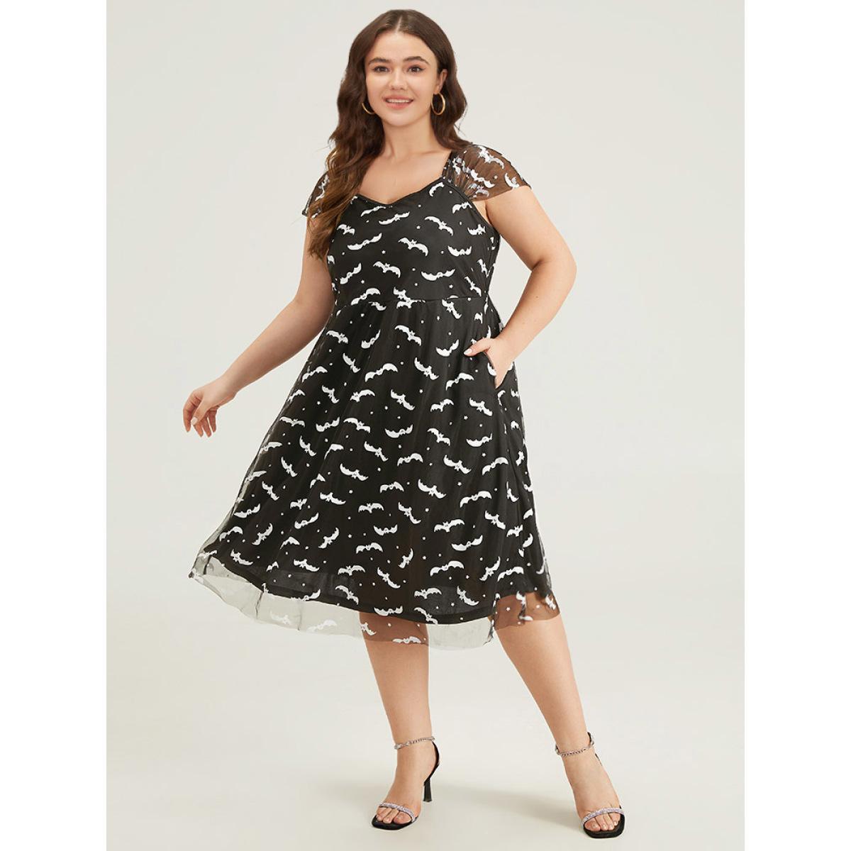 Plus Size Halloween Bat Print Mesh Square Neck Dress Black Women Glamour See through Square Neck Sleeveless Curvy Midi Dress BloomChic 12/L Product Image