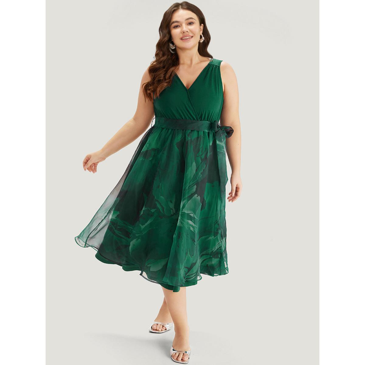 Plus Size Floral Print Belted Patchwork Pocket Tank Dress Green Women Glamour Wrap Overlap Collar Sleeveless Curvy Midi Dress BloomChic 14-16/1X Product Image