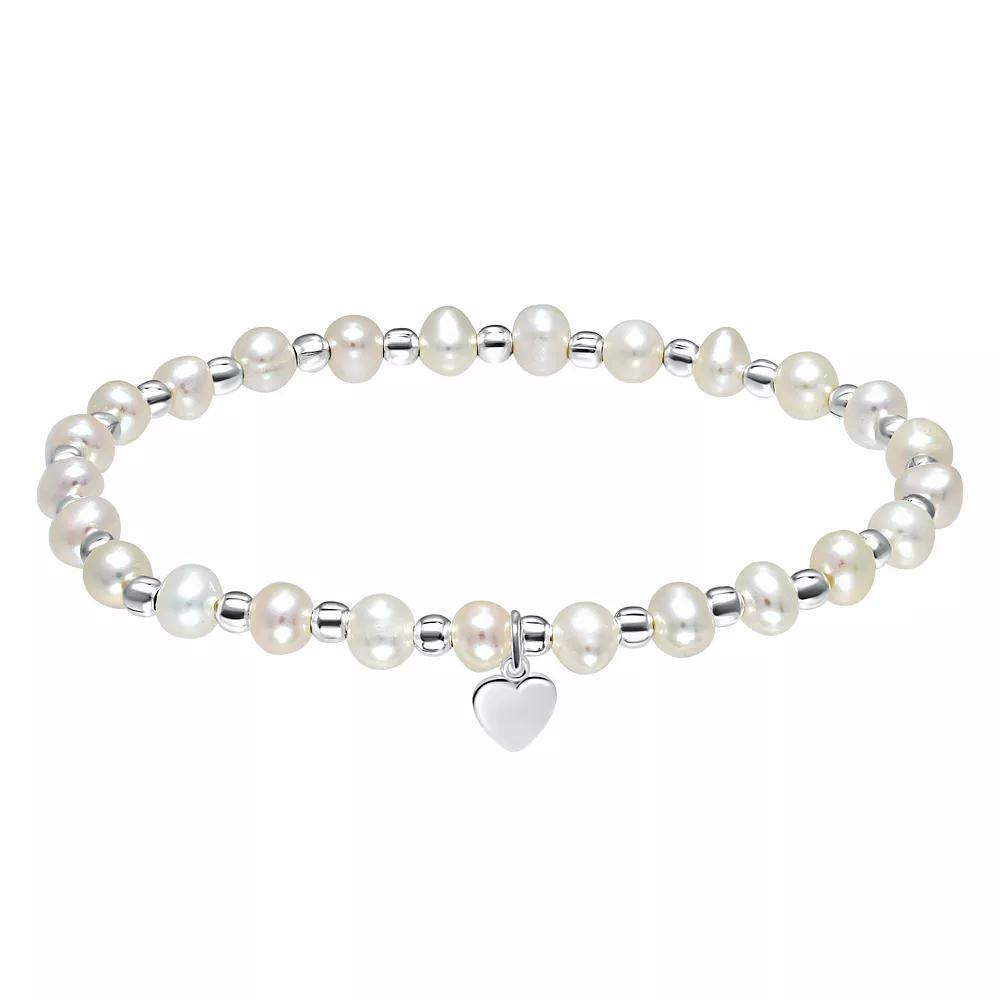 Aleure Precioso Sterling Silver Bead & Freshwater Cultured Pearl Heart Charm Stretch Bracelet, Women's, Size: 7.25", Silver Tone Product Image