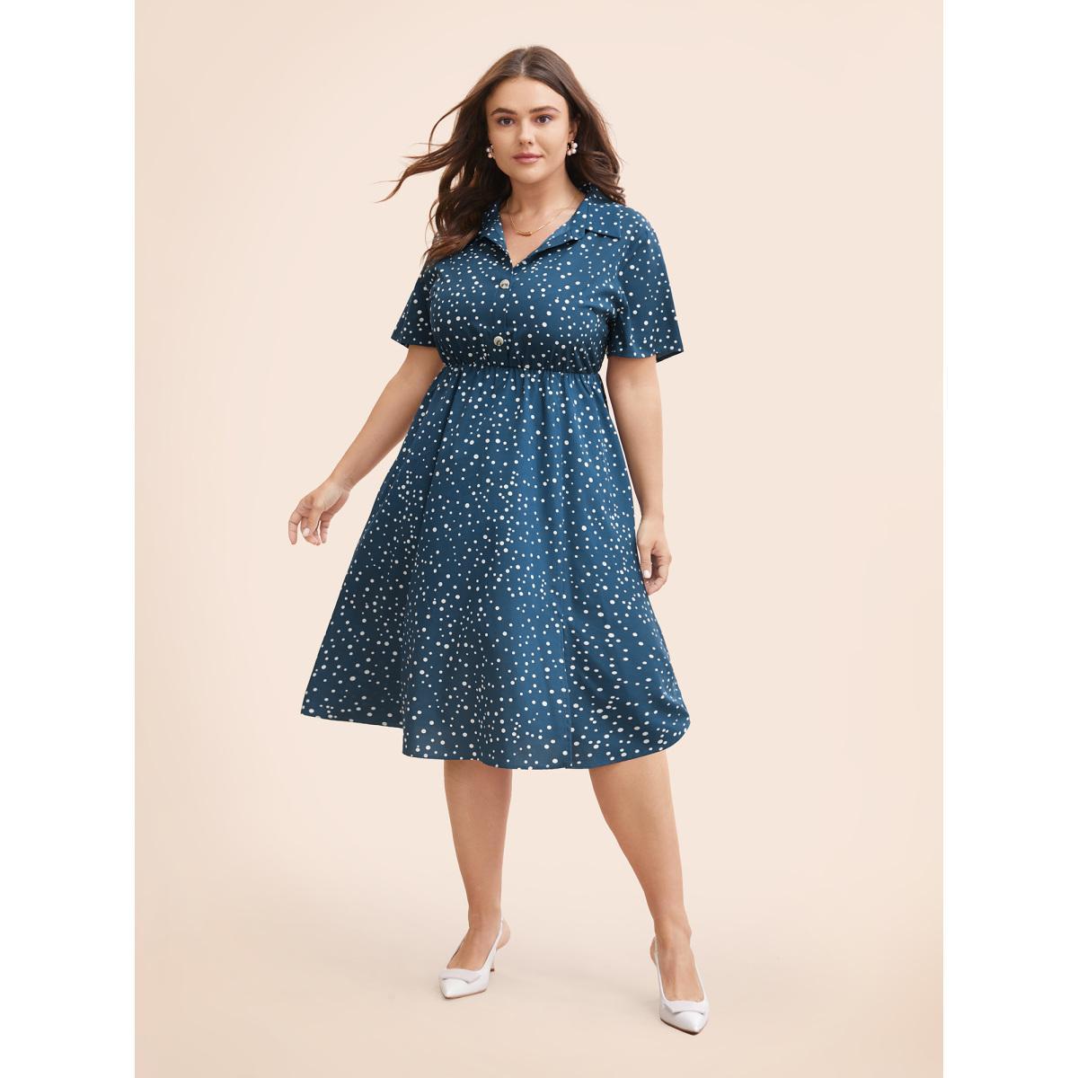 Plus Size Polka Dot Button Detail Split Hem Midi Dress Aegean Women Elegant Button Shirt collar Short sleeve Curvy BloomChic 10/M Product Image