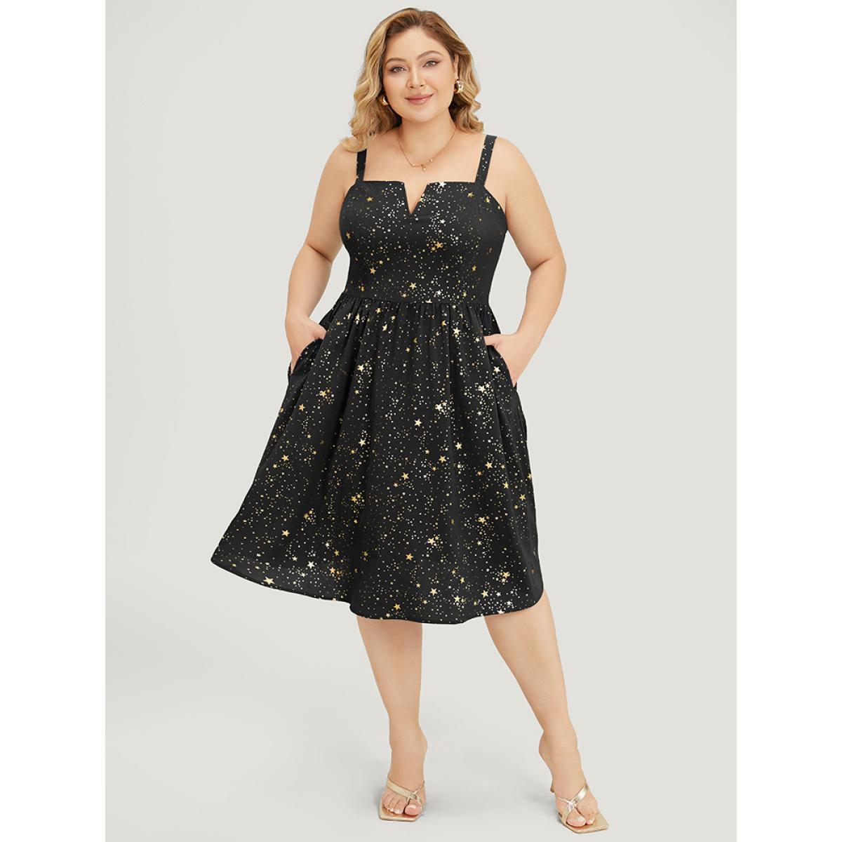 Plus Size Star Print Pocket Notched Flutter Hem Glitter Cami Dress Black Women Party Adjustable Straps Spaghetti Strap Sleeveless Curvy Knee Dress BloomChic 18-20/2X Product Image