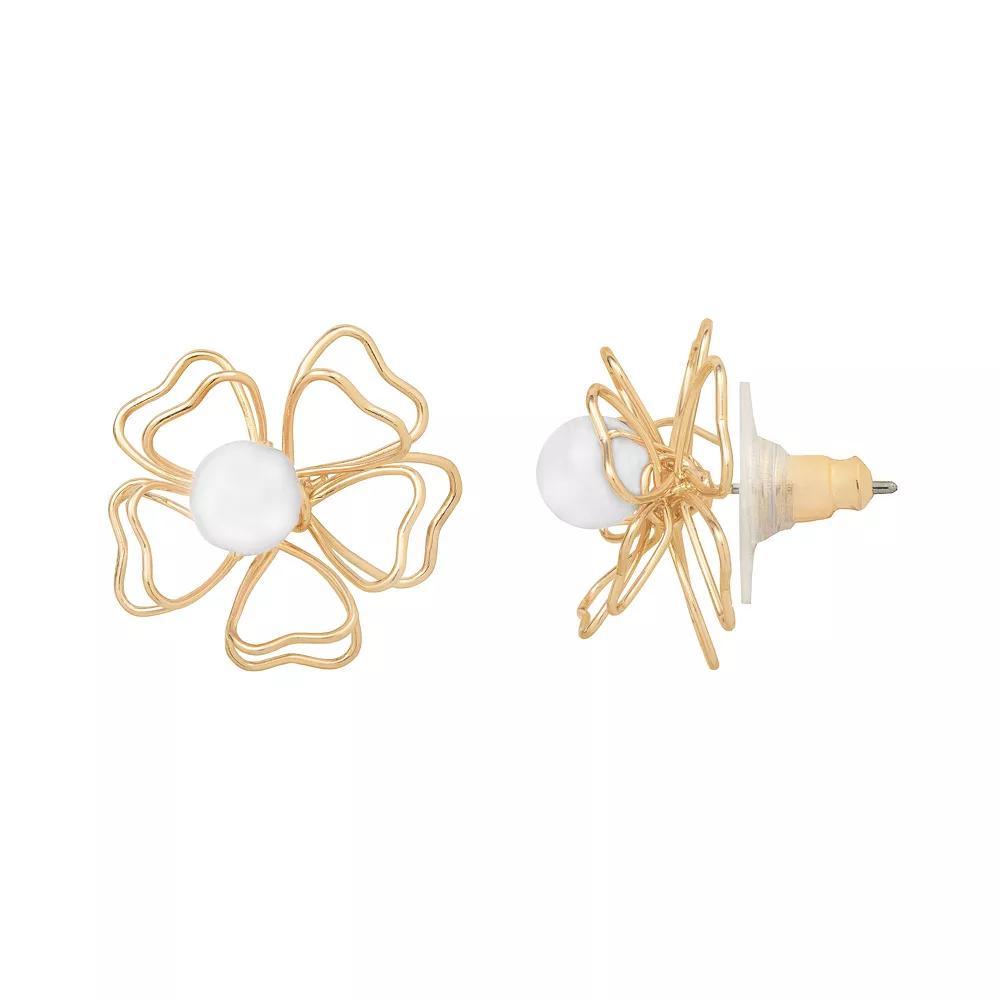 Emberly Gold Tone White Bead Wire Flower Post Earrings, Women's Product Image