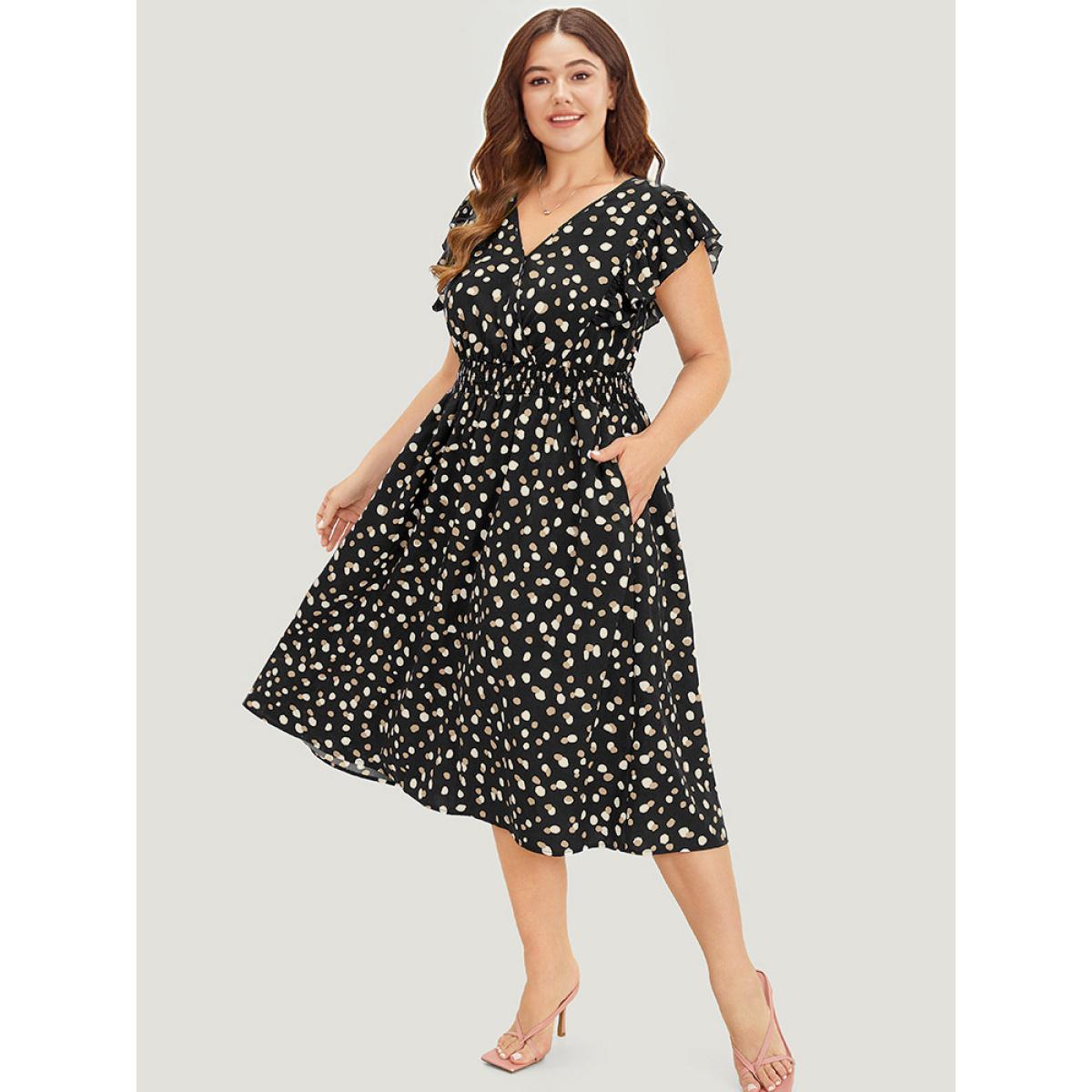 Plus Size Allover Print Pocket Wrap Flutter Cap Sleeve Dress Black Women Office Wrap V-neck Sleeveless Curvy Midi Dress BloomChic 22-24/3X Product Image