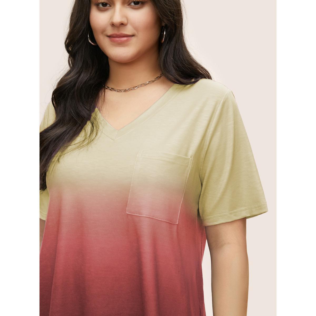 Plus Size Ombre Contrast Patched Pocket T-shirt Salmon Women Casual Non Ombre V-neck Everyday T-shirts BloomChic 18-20/2X Product Image