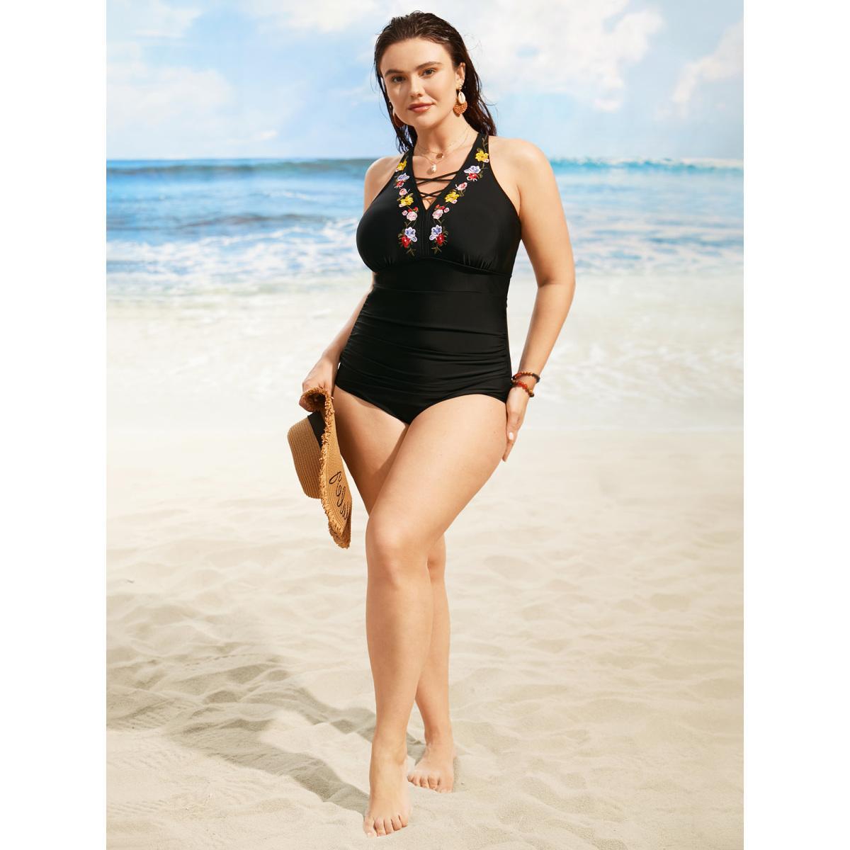 Plus Size Floral Embroidered Ruched Crisscross One Piece Swimsuit Women's Swimwear Black Beach Gathered Curve Bathing Suits High stretch One Pieces BloomChic 26/4X Product Image