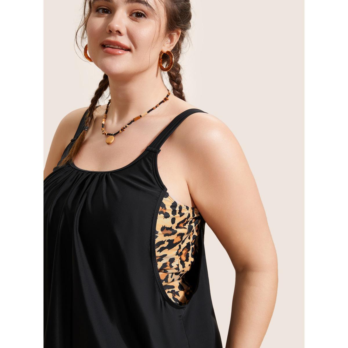 Plus Size Patchwork Leopard Print Gathered Swim Top Women's Swimwear Black Beach Gathered High stretch Bodycon U-neck Curve Swim Tops BloomChic 28/5X Product Image