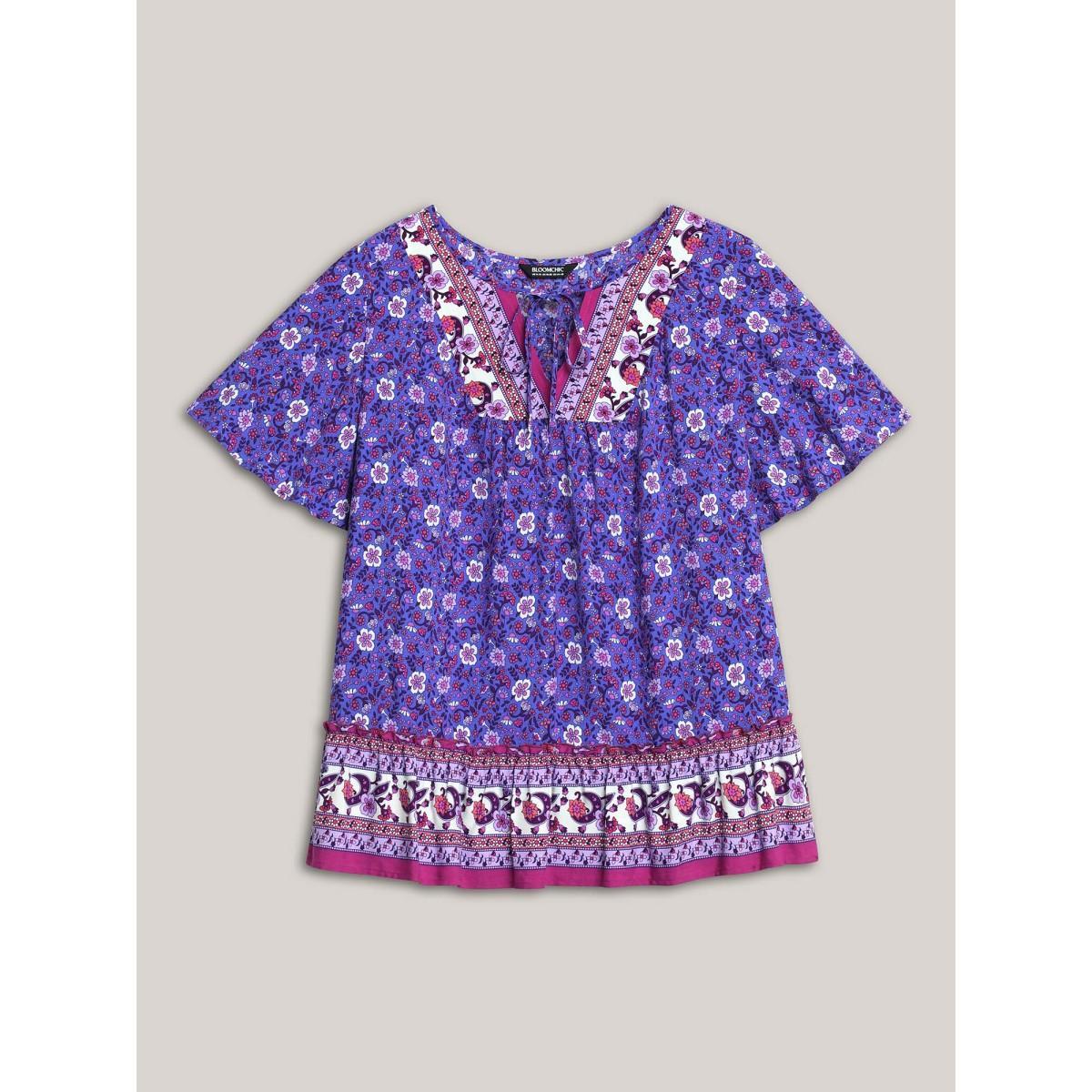 Plus Size BlueViolet Boho Floral Print Neck Tie Blouse Women Short sleeve Notched collar Vacation Blouses BloomChic 14-16/1X Product Image