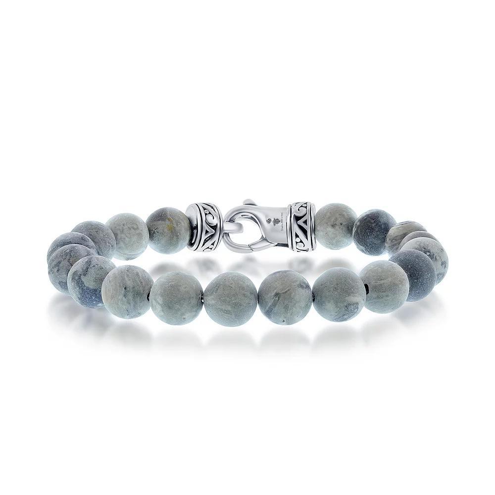 Men's Metallo Stainless Steel Genuine Stone 10mm Bead Bracelet, Size: 8.5", Gray Jasper Product Image