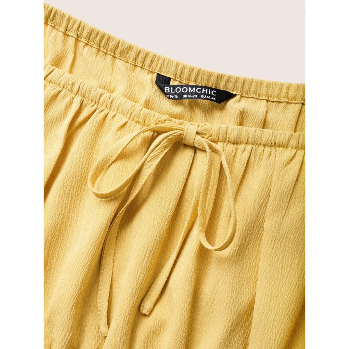 Plus Size Plain Lantern Sleeve Drawstring Square Neck Dress Yellow Women Elegant Non Square Neck Short sleeve Curvy Midi Dress BloomChic 26/4X Product Image